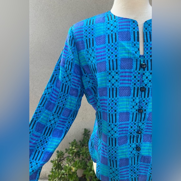 Silk studio blazer jacket blues geometric print lined Sz 14 - Picture 3 of 10